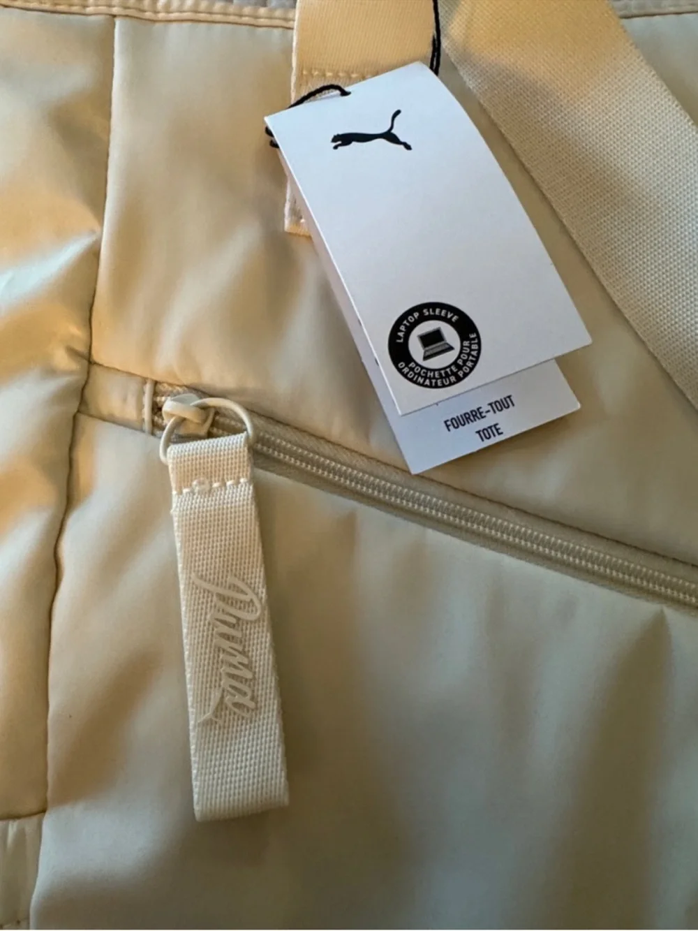 Puma Cream Quilted Tote Bag with Front Zip Pocket